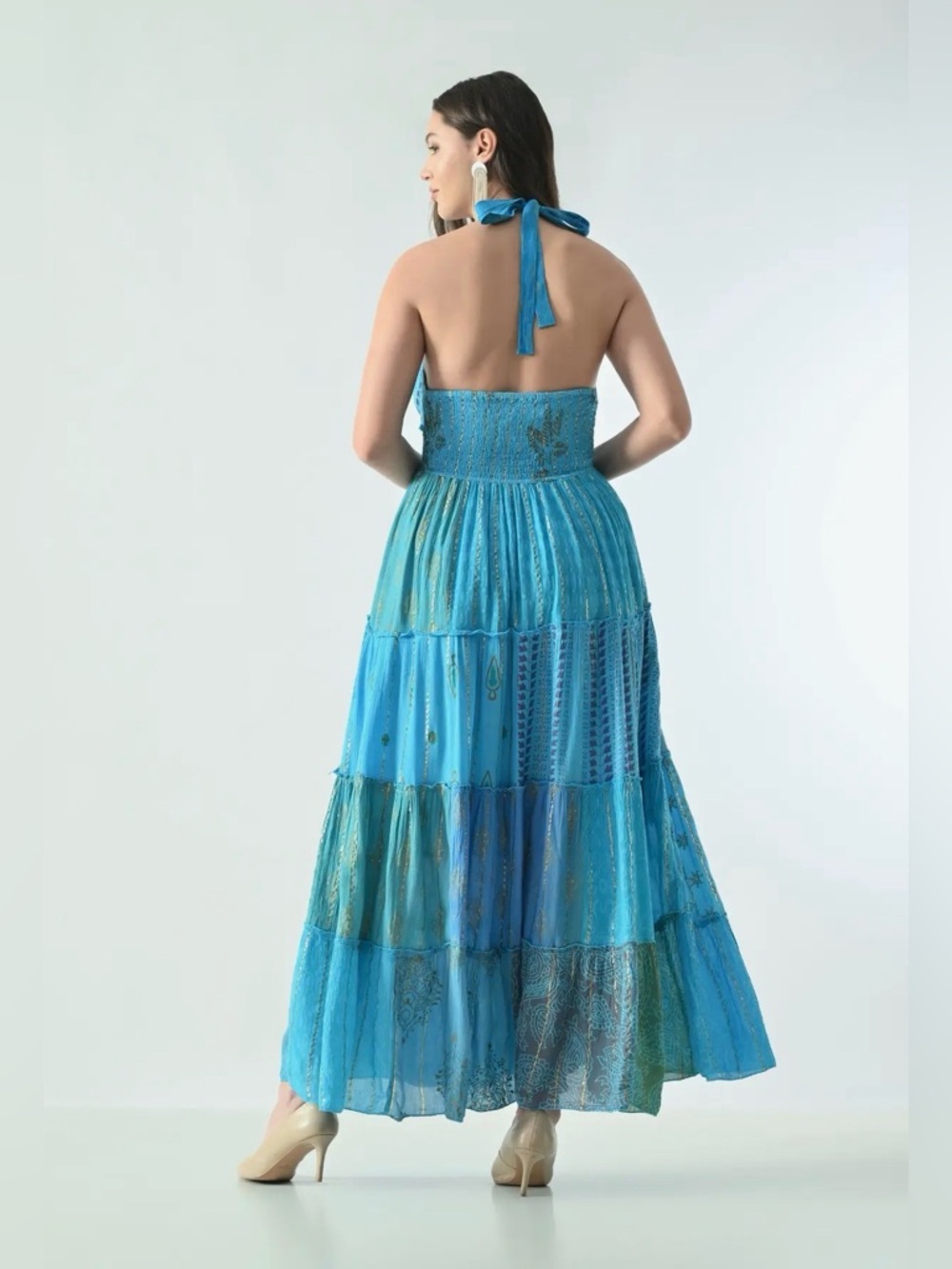 Turquoise Blu Boho Patchwork Halter Tiered Maxi D… - image 2